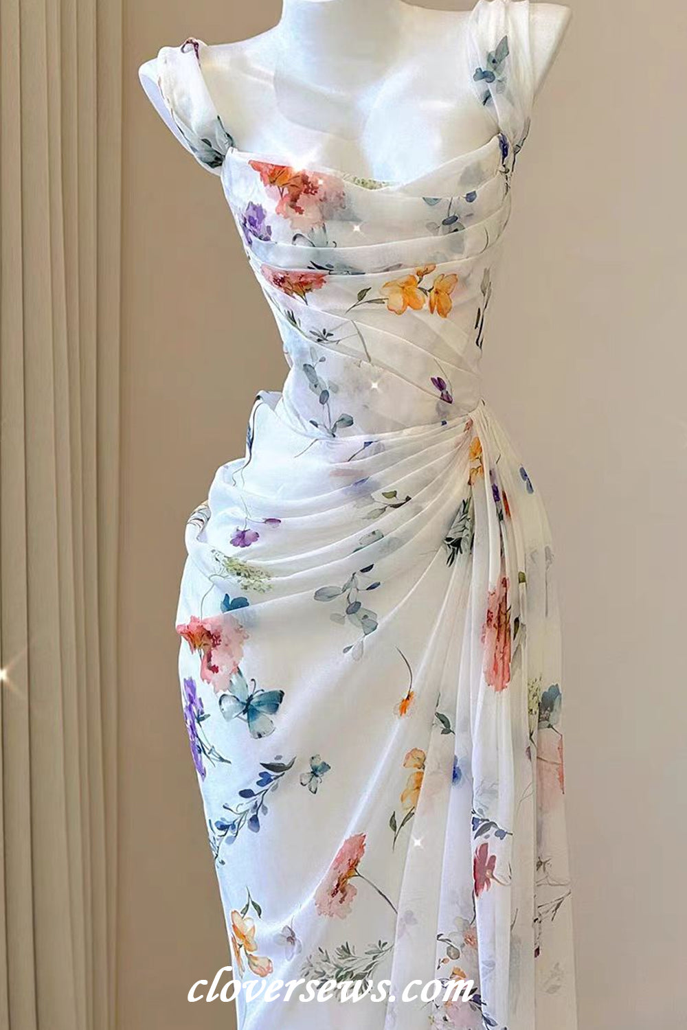 Floral Printed Chiffon Pleatingg Sheath Charming Spring Bridesmaid Dresses, CB0309