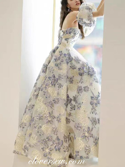 Floral Printed Satin Strapless With Convertible Sleeves A-line Spring Princess Dresses, CW0378