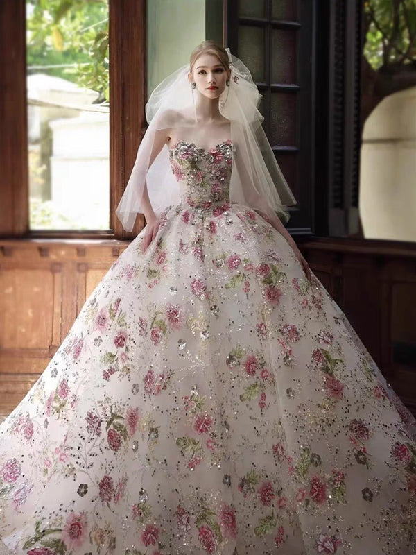 Floral Sequined Lace Strapless Ball Gown Prom Dresses, CP1065