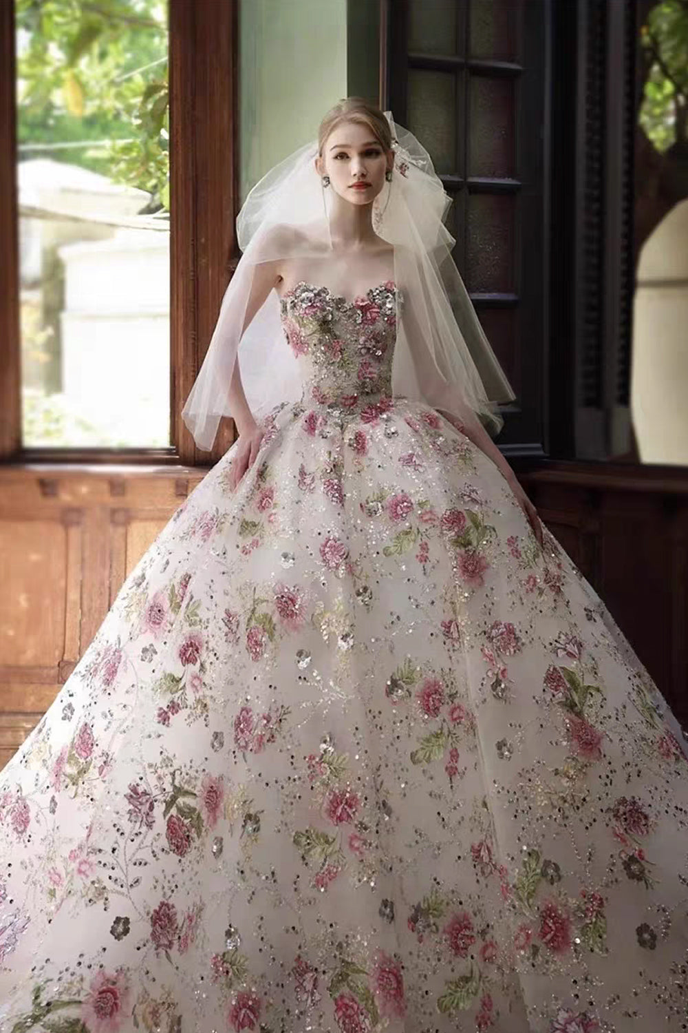 Floral Sequined Lace Strapless Ball Gown Prom Dresses, CP1065