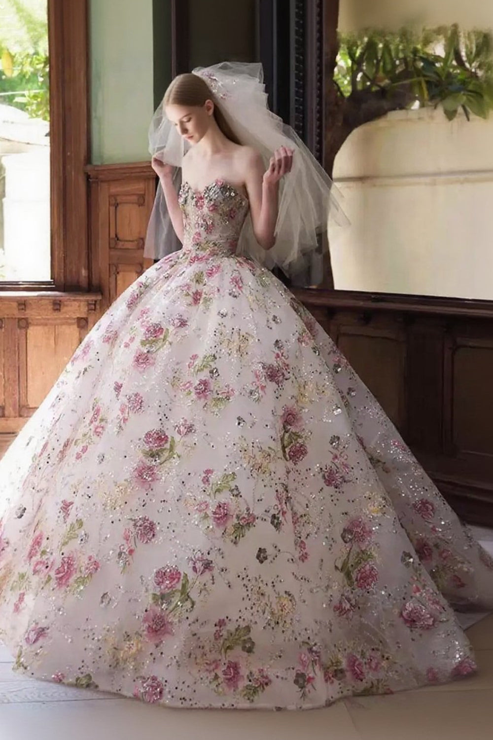 Floral Sequined Lace Strapless Ball Gown Prom Dresses, CP1065