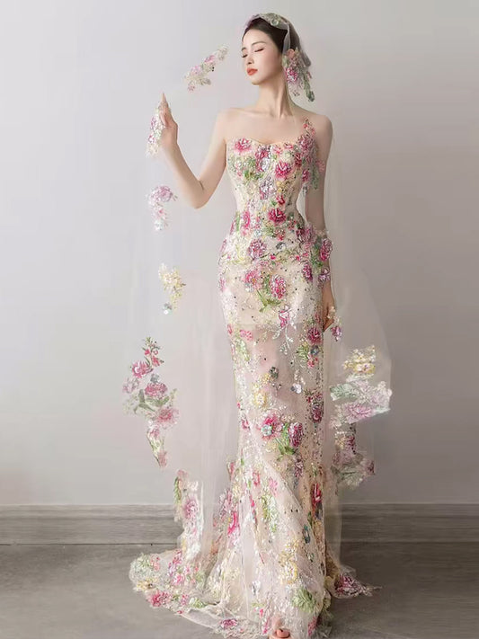 Floral Sequined Lace Strapless Shiny Mermaid Prom Dresses With Veil, CP1091
