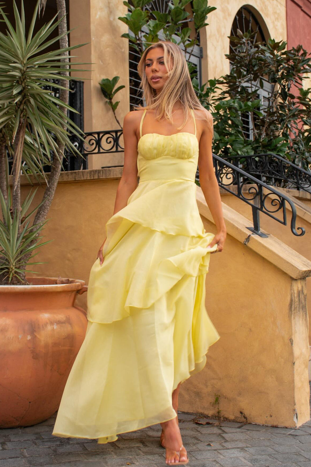 Flowing Lemon Yellow Organza Tiered Delicate Spaghetti Straps Party Dresses, CP1082