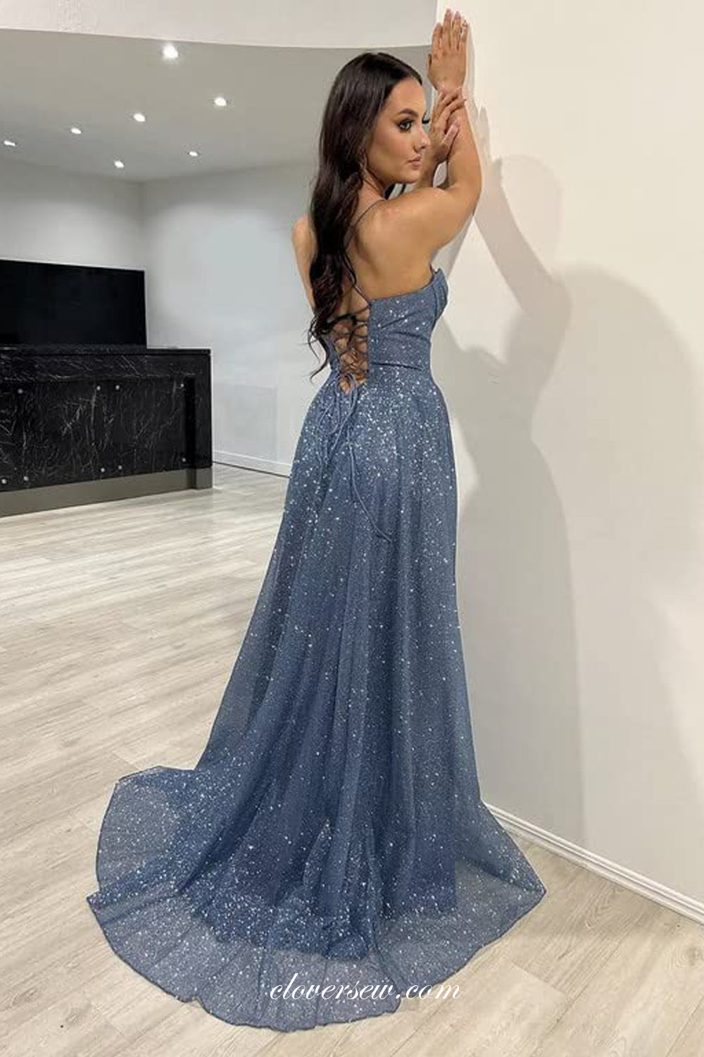 Glitter Tulle Spaghetti Strap Sweetheart A-line High Slit Shiny Prom Dresses, CP1094 Glitter Tulle Spaghetti Strap Sweetheart A-line High Slit Shiny Prom Dresses, CP1094