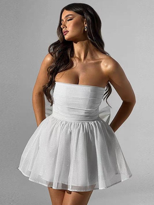 Glitter Tulle White Strapless A-line Mini Shiny Party Dresses, CH0101