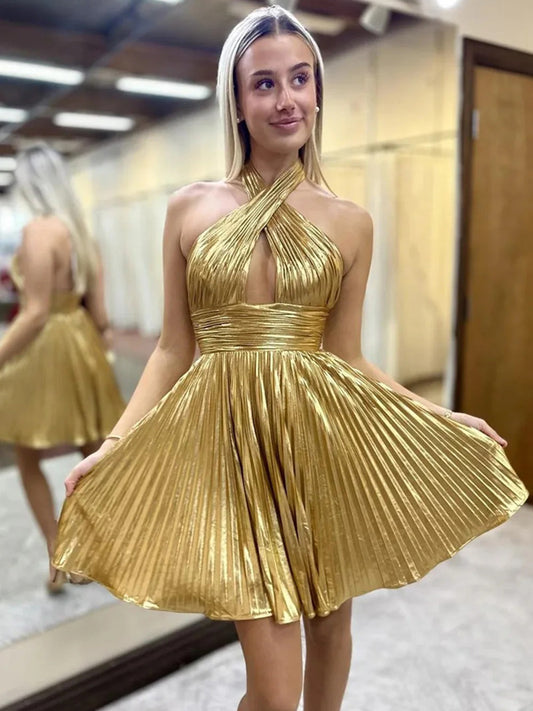 Gold Pleating Halter Backless A-lie Mini Cocktail Party Homecoming Dresses, CH0093