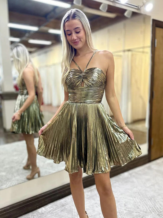 Gold Pleating Spaghetti Strap A-line Mini Cocktail Party Homecoming Dresses, CH0096