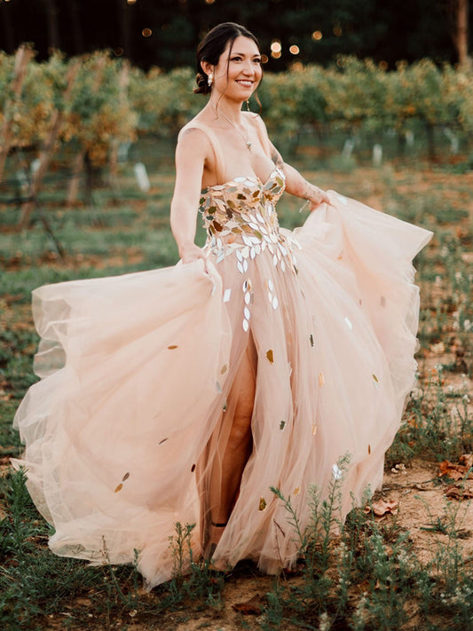 Gold Rhinestone Blush Pink Tulle A-line Wedding Dresses, CW0437