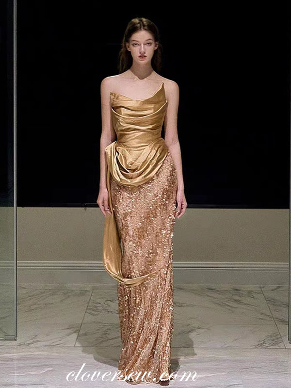 Shiny Gold Satin And Sequin Strapless Mermaid Sparkly Prom Dresses, CP1049
