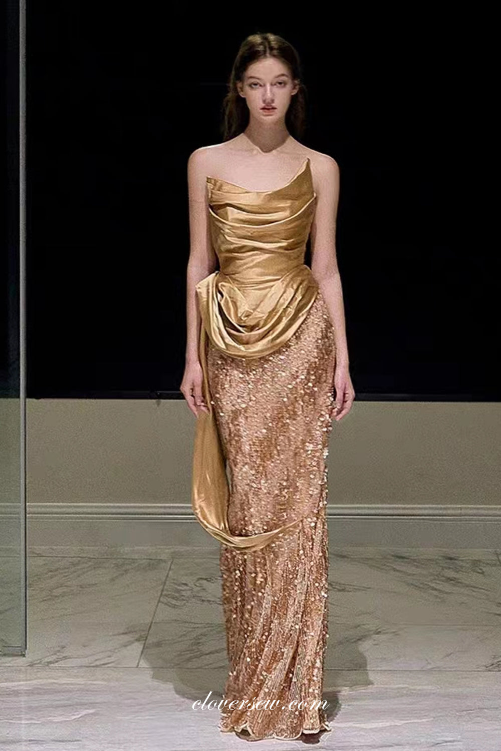 Shiny Gold Satin And Sequin Strapless Mermaid Sparkly Prom Dresses, CP1049