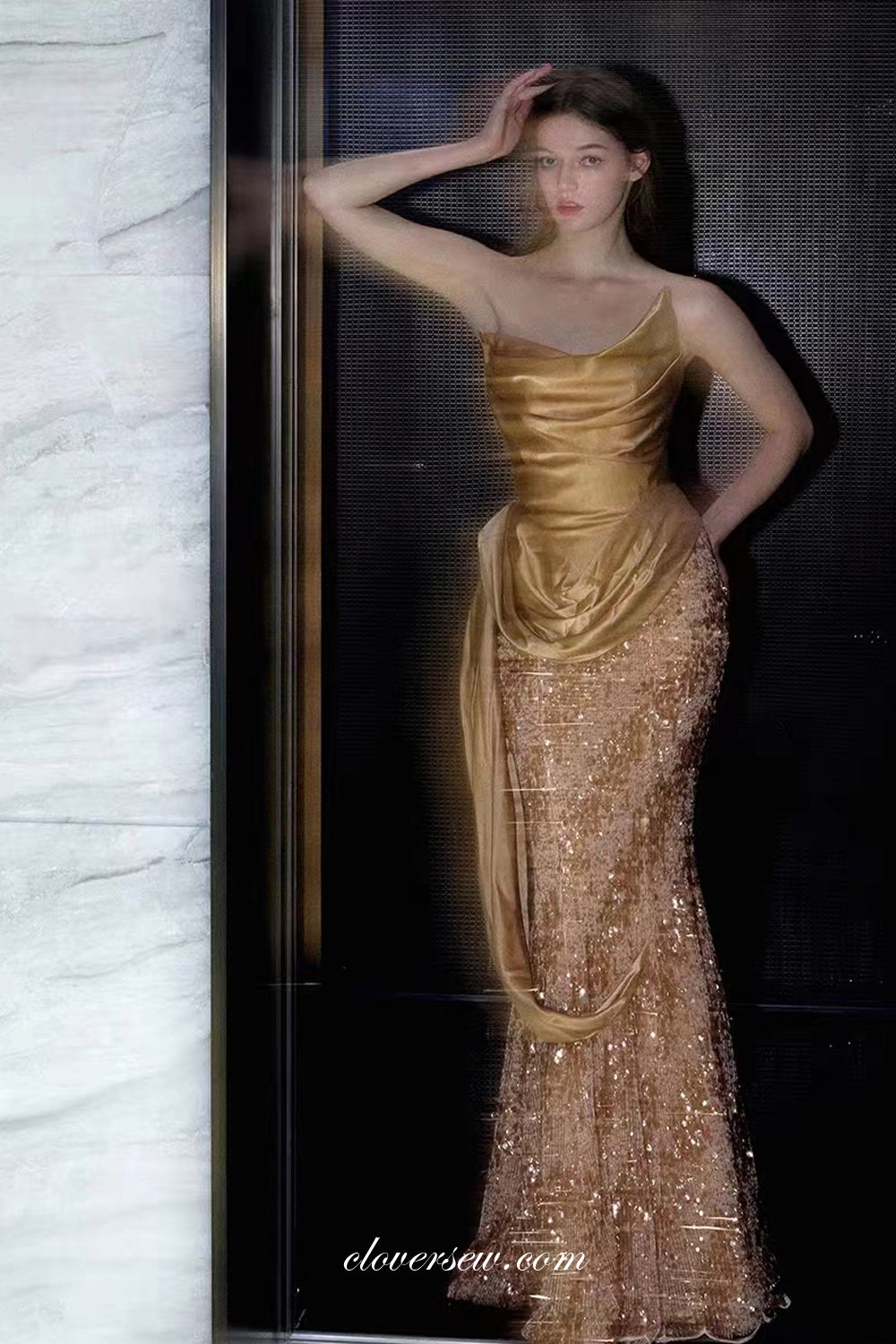 Shiny Gold Satin And Sequin Strapless Mermaid Sparkly Prom Dresses, CP clover sew Shiny Gold Satin And Sequin Strapless Mermaid Sparkly Prom Dresses, CP clover sew