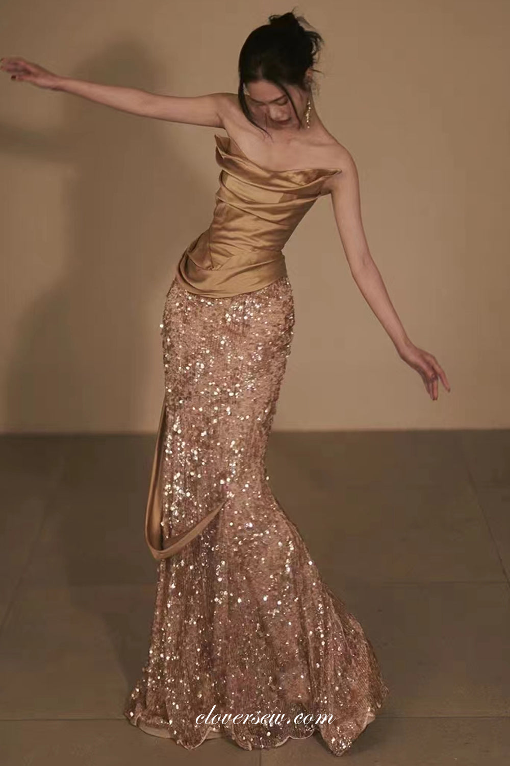 Shiny Sunflower Yellow Strapless Corset Prom Dress, Satin Beaded Mermaid Formal Gown, PD01261