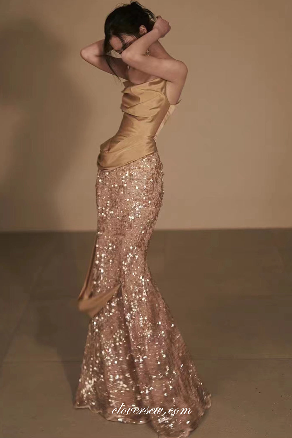 Shiny Gold Satin And Sequin Strapless Mermaid Sparkly Prom Dresses, CP clover sew Shiny Gold Satin And Sequin Strapless Mermaid Sparkly Prom Dresses, CP clover sew