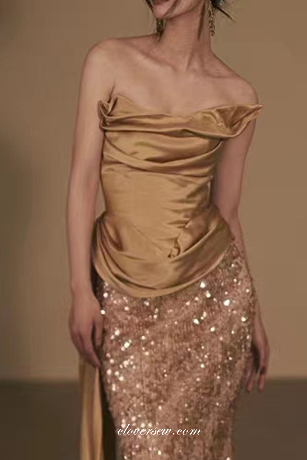 Shiny Gold Satin And Sequin Strapless Mermaid Sparkly Prom Dresses, CP1049