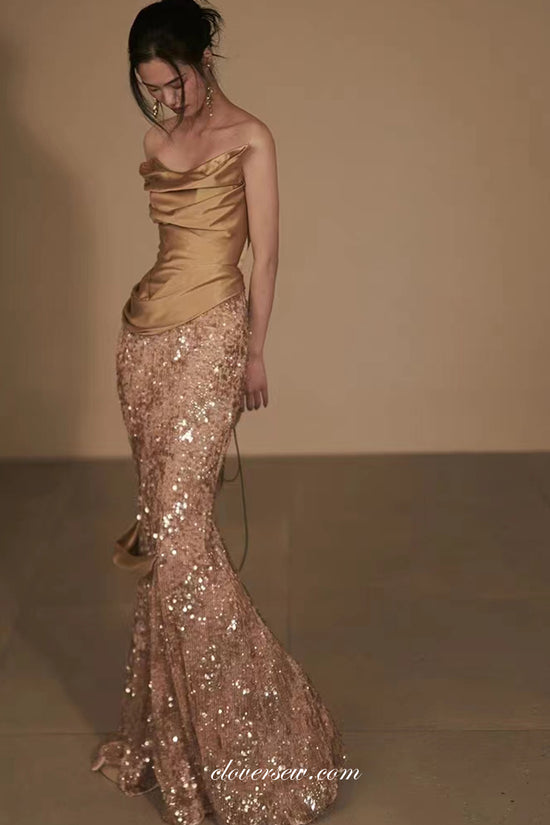 Satin Lace Appliques Drop Waist Mermaid Sparkly Prom Dresses with Slit main image 1