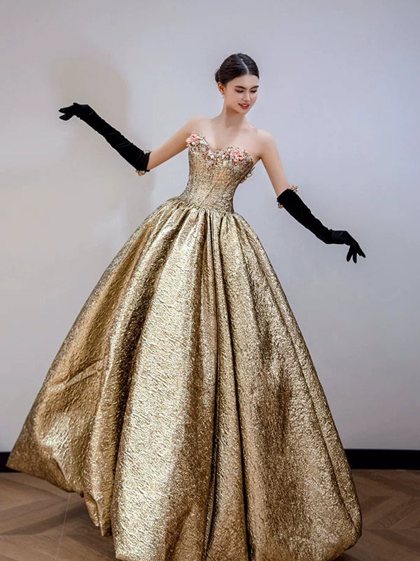 Gold Satin Sweetheart Strapless Ball Gown Prom Dresses, CP1066