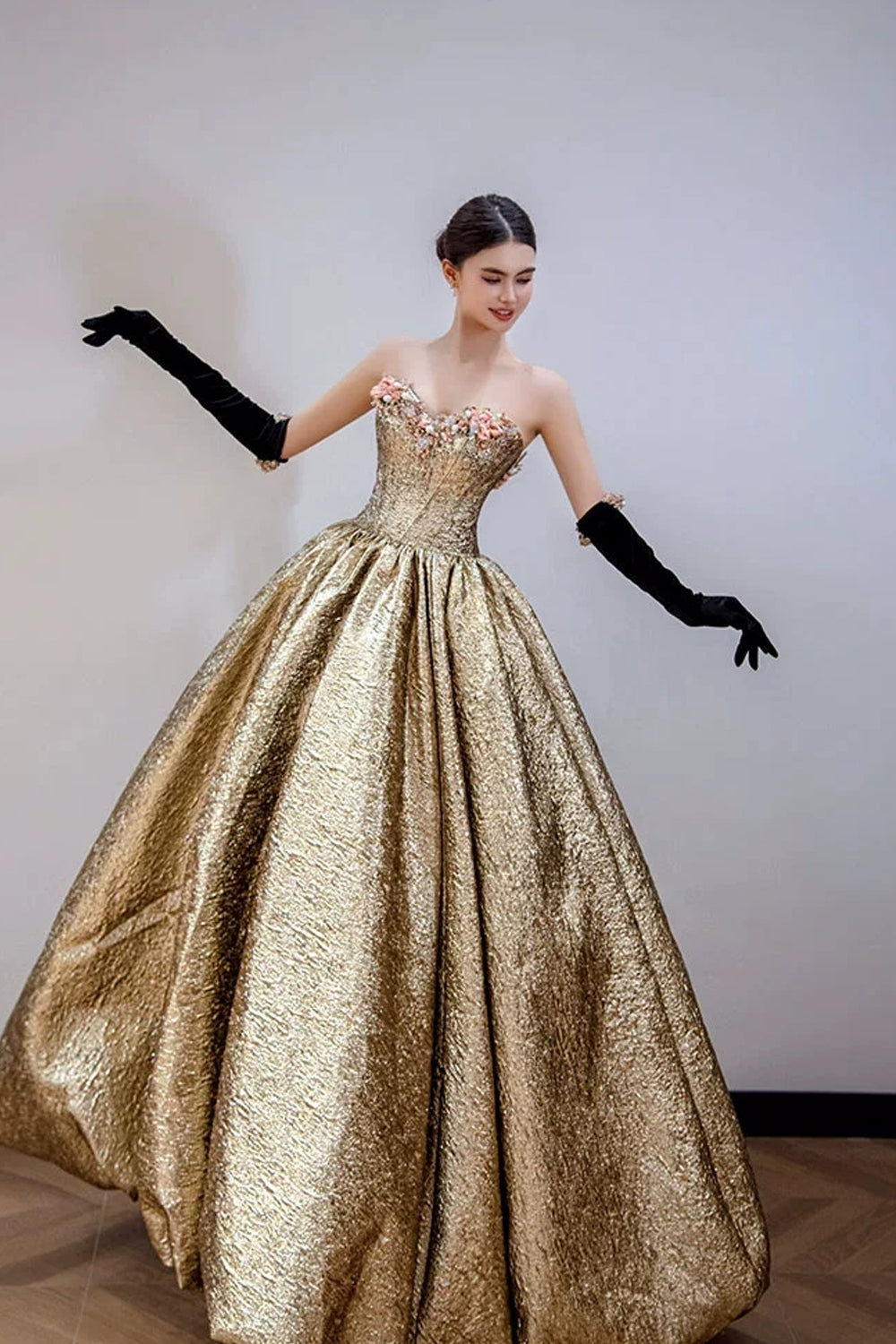 Gold Satin Sweetheart Strapless Ball Gown Prom Dresses, CP1066