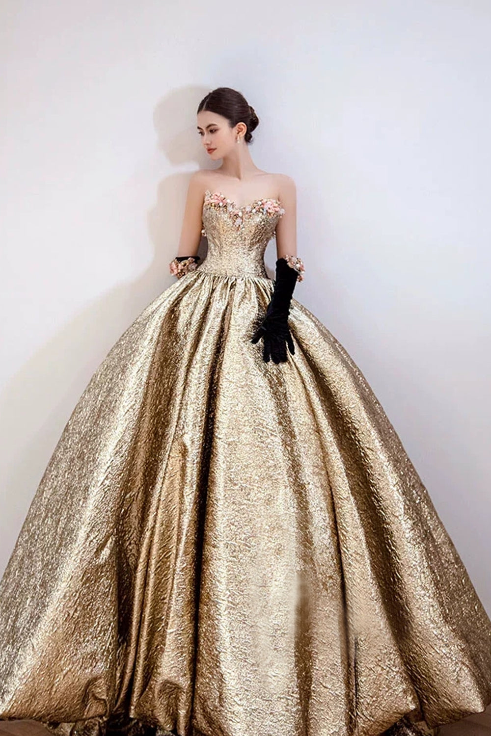 Gold Satin Sweetheart Strapless Ball Gown Prom Dresses, CP1066