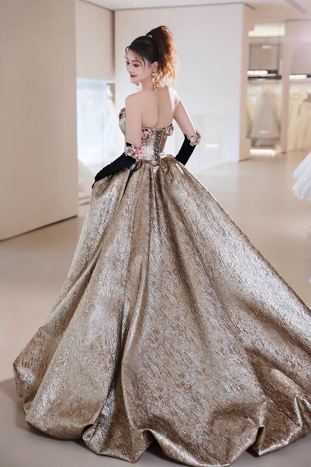 Gold Satin Sweetheart Strapless Ball Gown Prom Dresses, CP1066