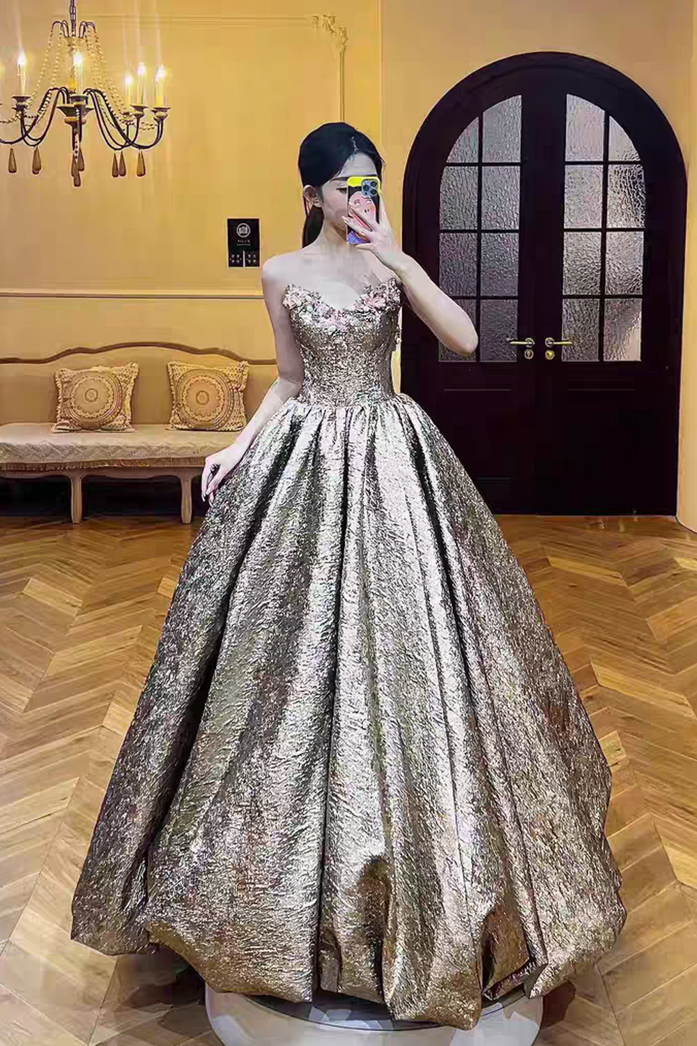 Gold Satin Sweetheart Strapless Ball Gown Prom Dresses, CP1066