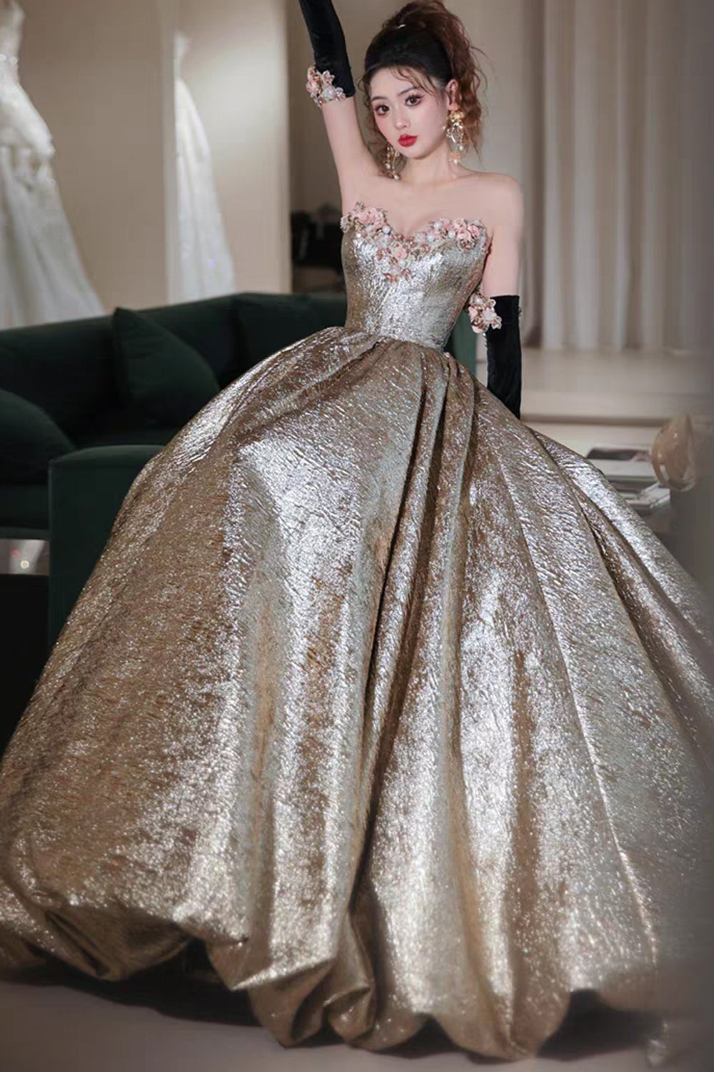 Gold Satin Sweetheart Strapless Ball Gown Prom Dresses, CP1066