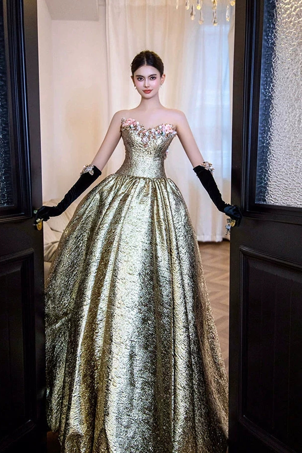 Gold Satin Sweetheart Strapless Ball Gown Prom Dresses, CP1066