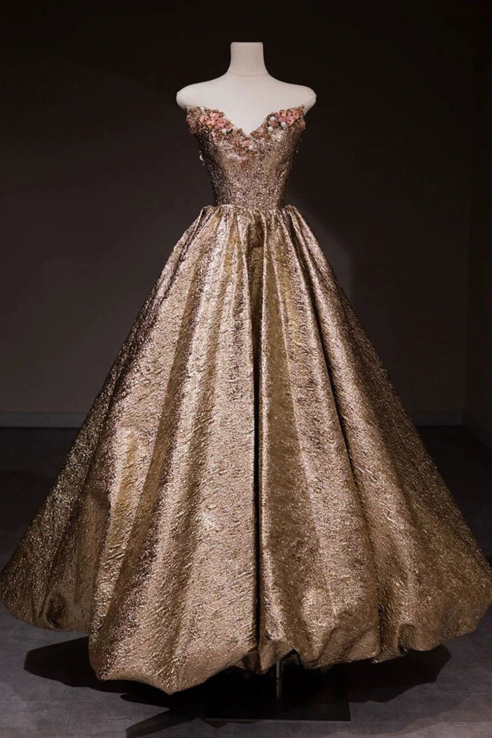 Gold Satin Sweetheart Strapless Ball Gown Prom Dresses, CP1066