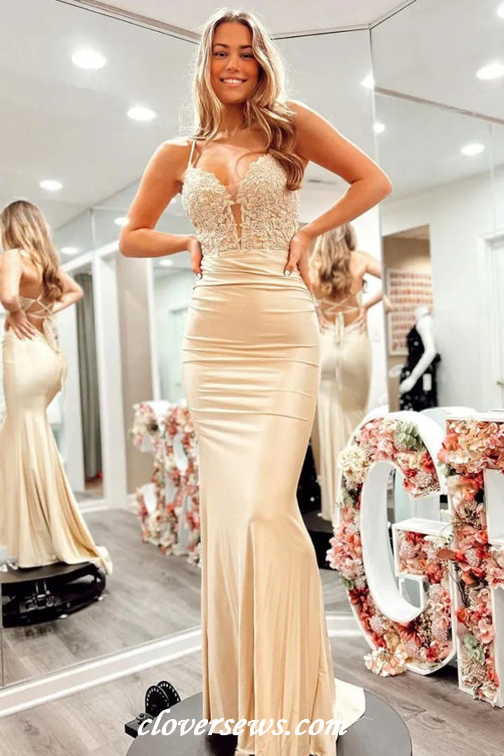 Gold Silk Satin Applique Spaghetti Strap Lace Up Back Mermaid Prom Dresses, CP1131 Gold Silk Satin Applique Spaghetti Strap Lace Up Back Mermaid Prom Dresses, CP1131