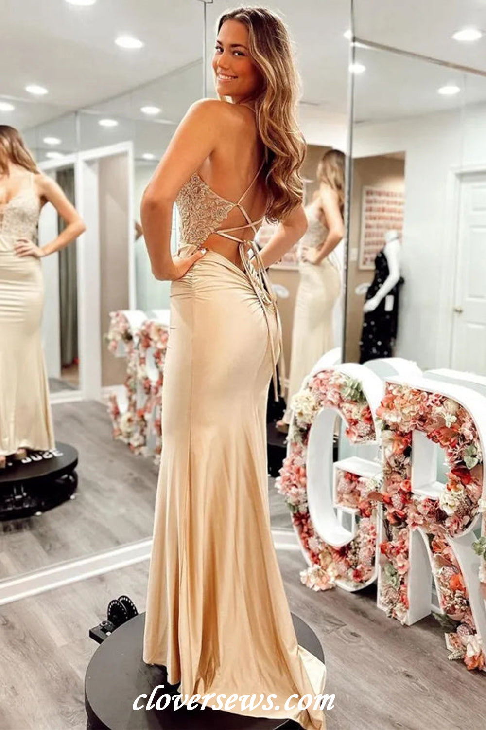 Gold Silk Satin Applique Spaghetti Strap Lace Up Back Mermaid Prom Dresses, CP1131