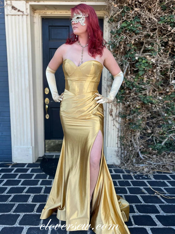Gold Strapless Pleating Shiny Satin Mermaid With Slit Prom Dresses, CP1039