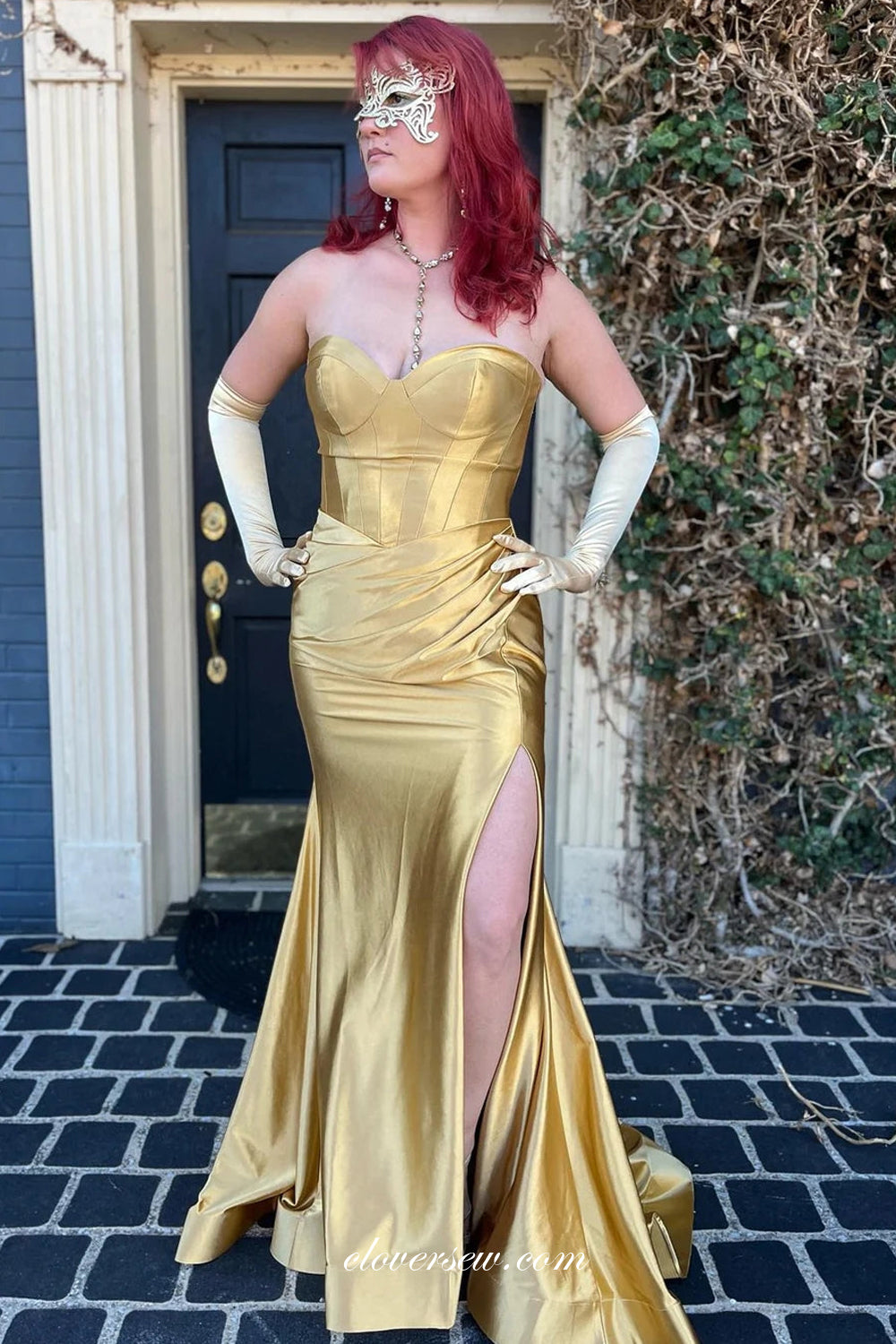 Gold Strapless Pleating Shiny Satin Mermaid With Slit Prom Dresses, CP1039