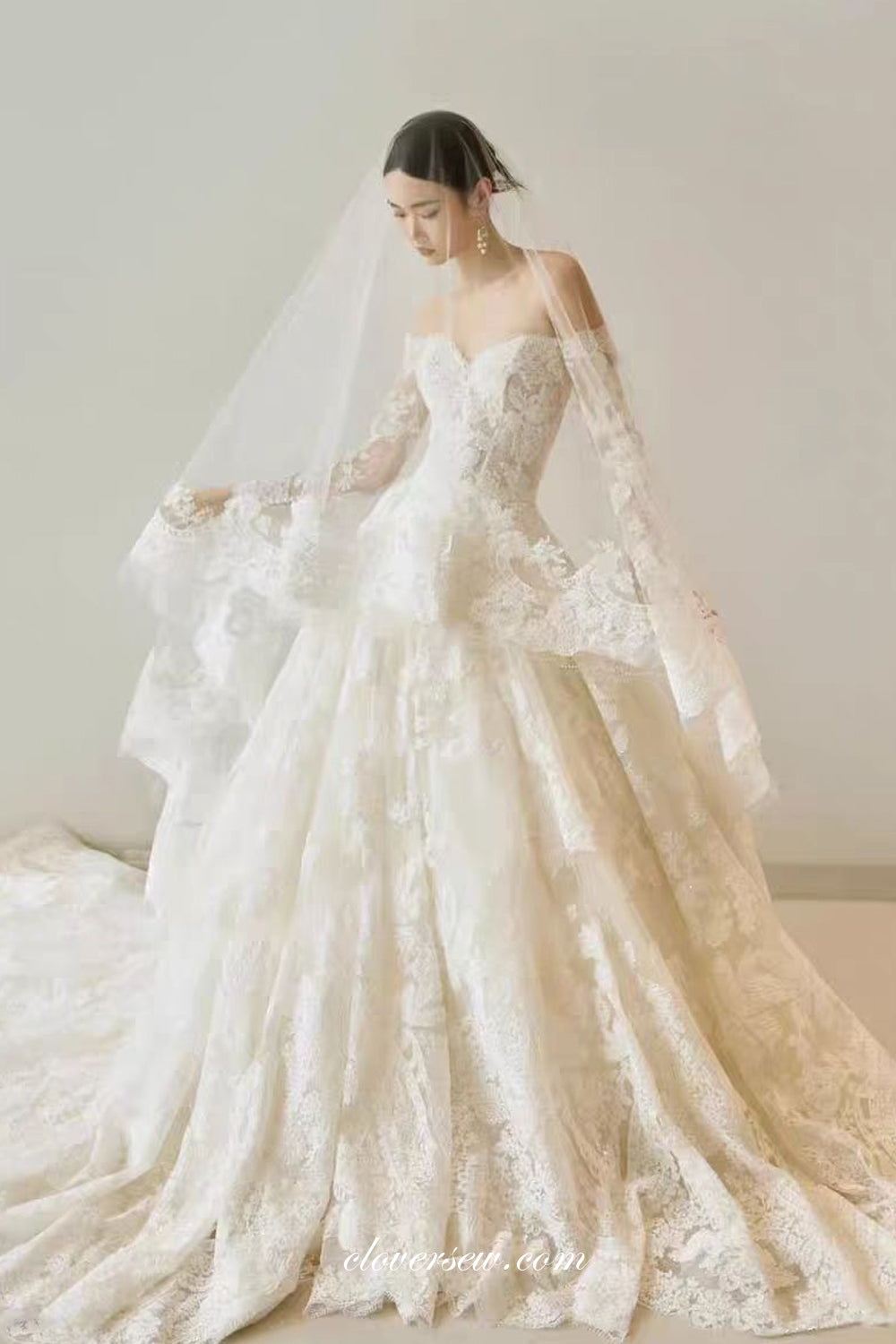 Gorgeous Ivory Lace Off The Shoulder Long Sleeves Ball Gown Wedding Dresses, CW0379