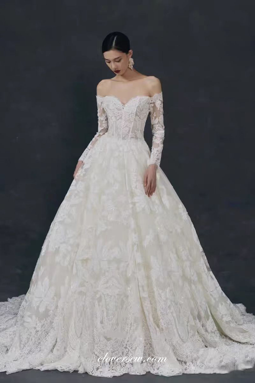 Gorgeous Ivory Lace Off The Shoulder Long Sleeves Ball Gown Wedding Dresses, CW0379