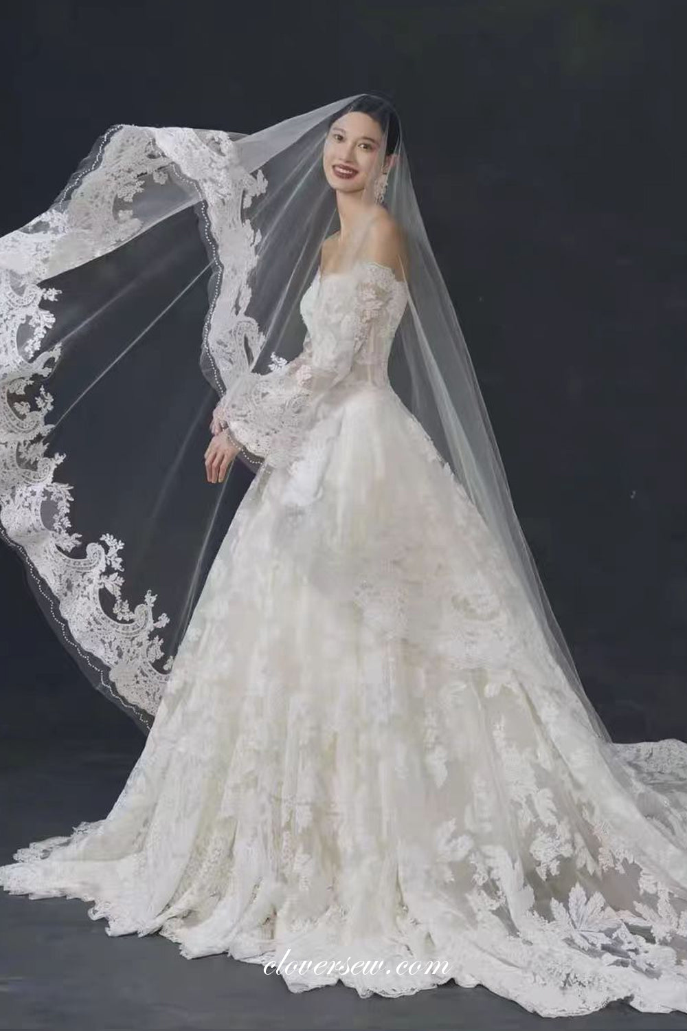 Gorgeous Ivory Lace Off The Shoulder Long Sleeves Ball Gown Wedding Dresses, CW0379