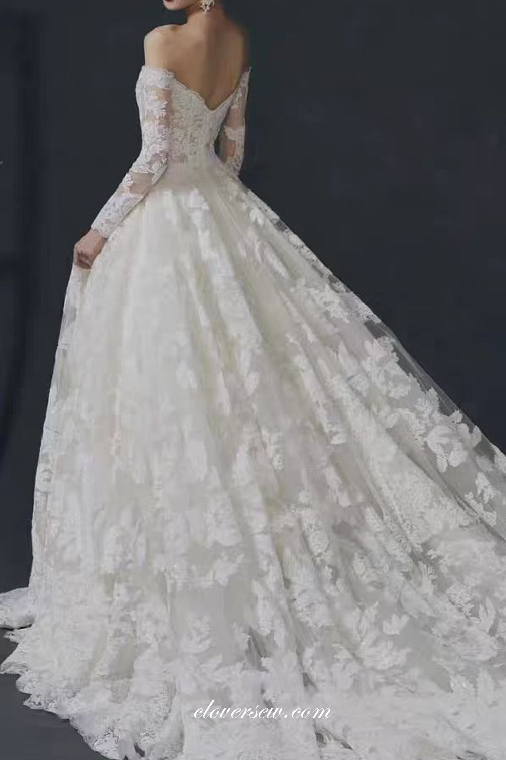 Gorgeous Ivory Lace Off The Shoulder Long Sleeves Ball Gown Wedding Dresses, CW0379