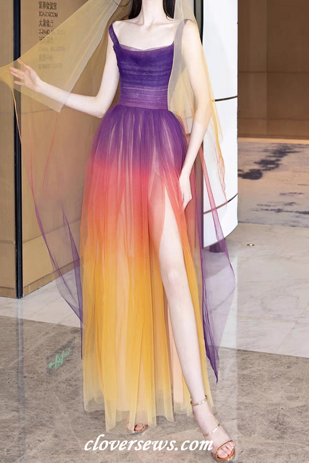Gradient Color Tulle High Slit Mixi Bridesmaid Dresses, CB0326 US2 / As Pic