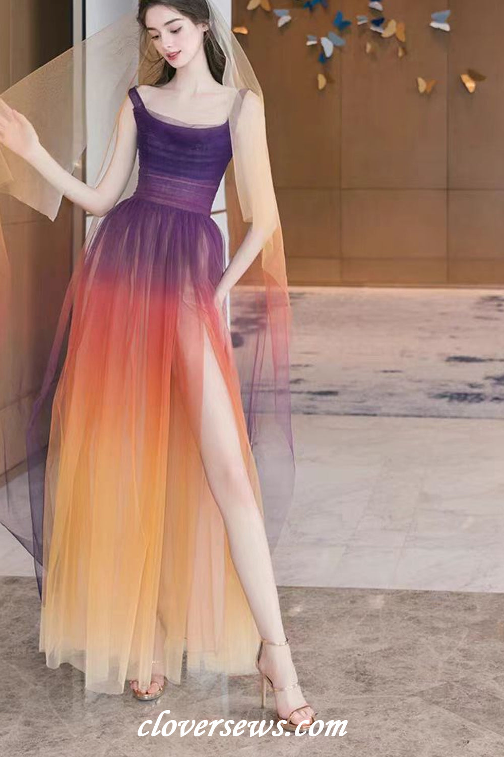 Gradient Color Tulle High Slit Mixi Bridesmaid Dresses, CB0326 clover sew Gradient Color Tulle High Slit Mixi Bridesmaid Dresses, CB0326 clover sew