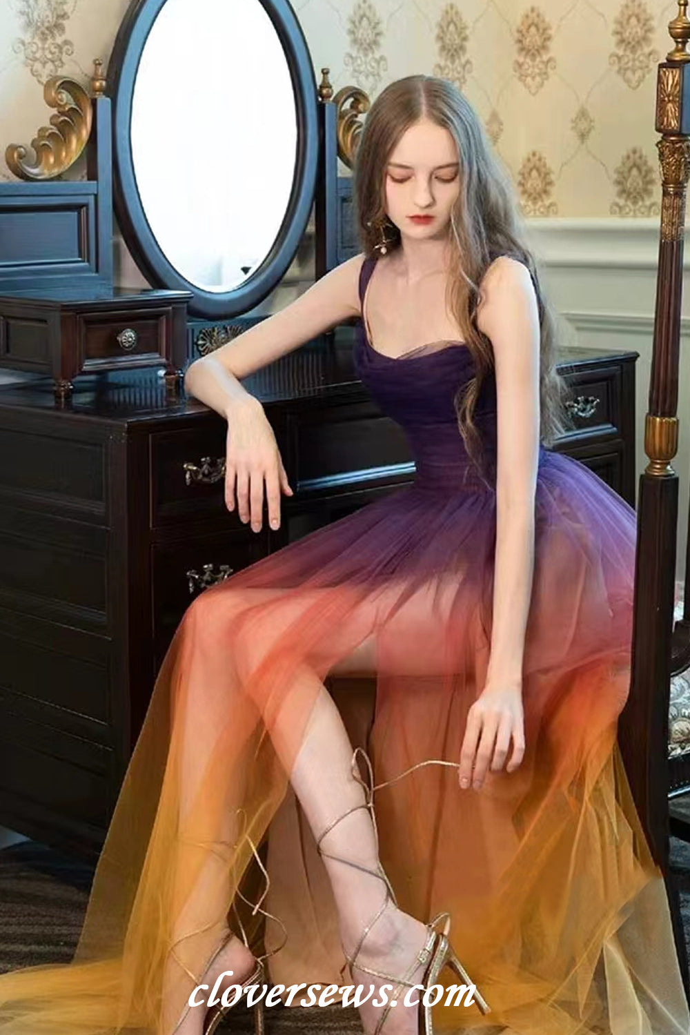 Gradient Color Tulle High Slit Mixi Bridesmaid Dresses, CB0326 Gradient Color Tulle High Slit Mixi Bridesmaid Dresses, CB0326