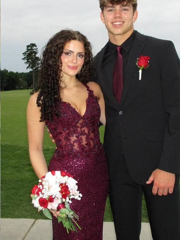 Grape Lace Applique Sequin Lace-Up Back Mermaid Shiny Prom Dresses, CP1087