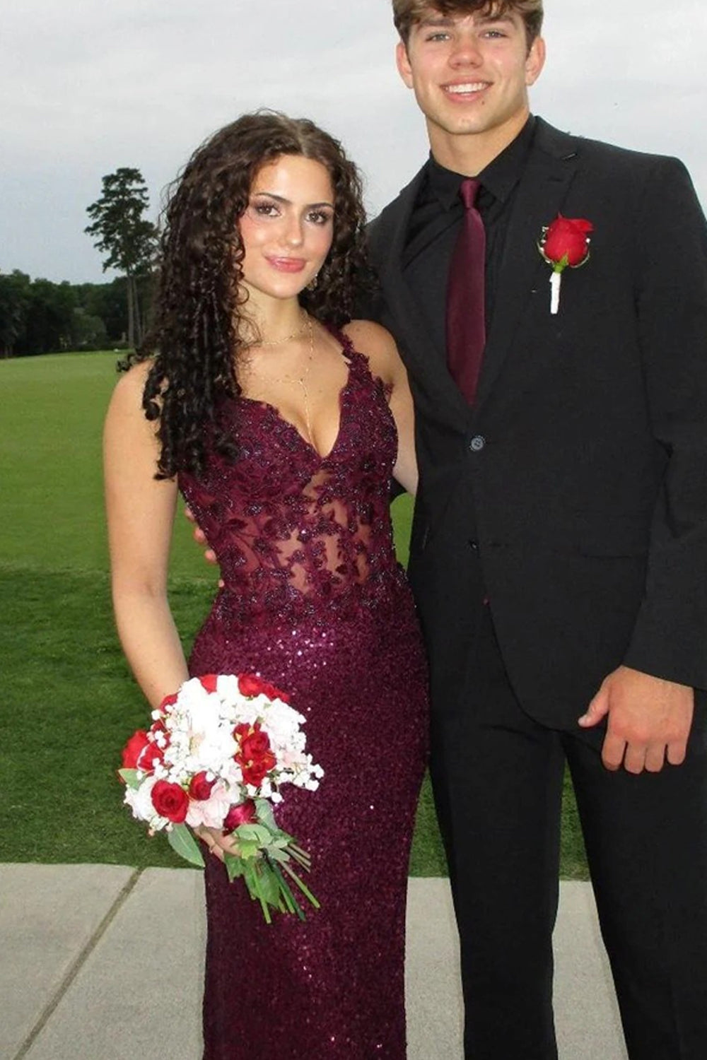 Grape Lace Applique Sequin Lace-Up Back Mermaid Shiny Prom Dresses, CP1087