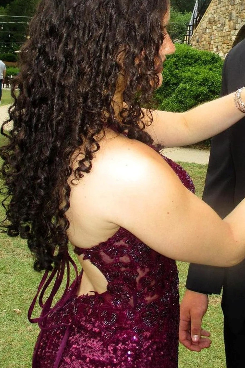 Grape Lace Applique Sequin Lace-Up Back Mermaid Shiny Prom Dresses, CP1087