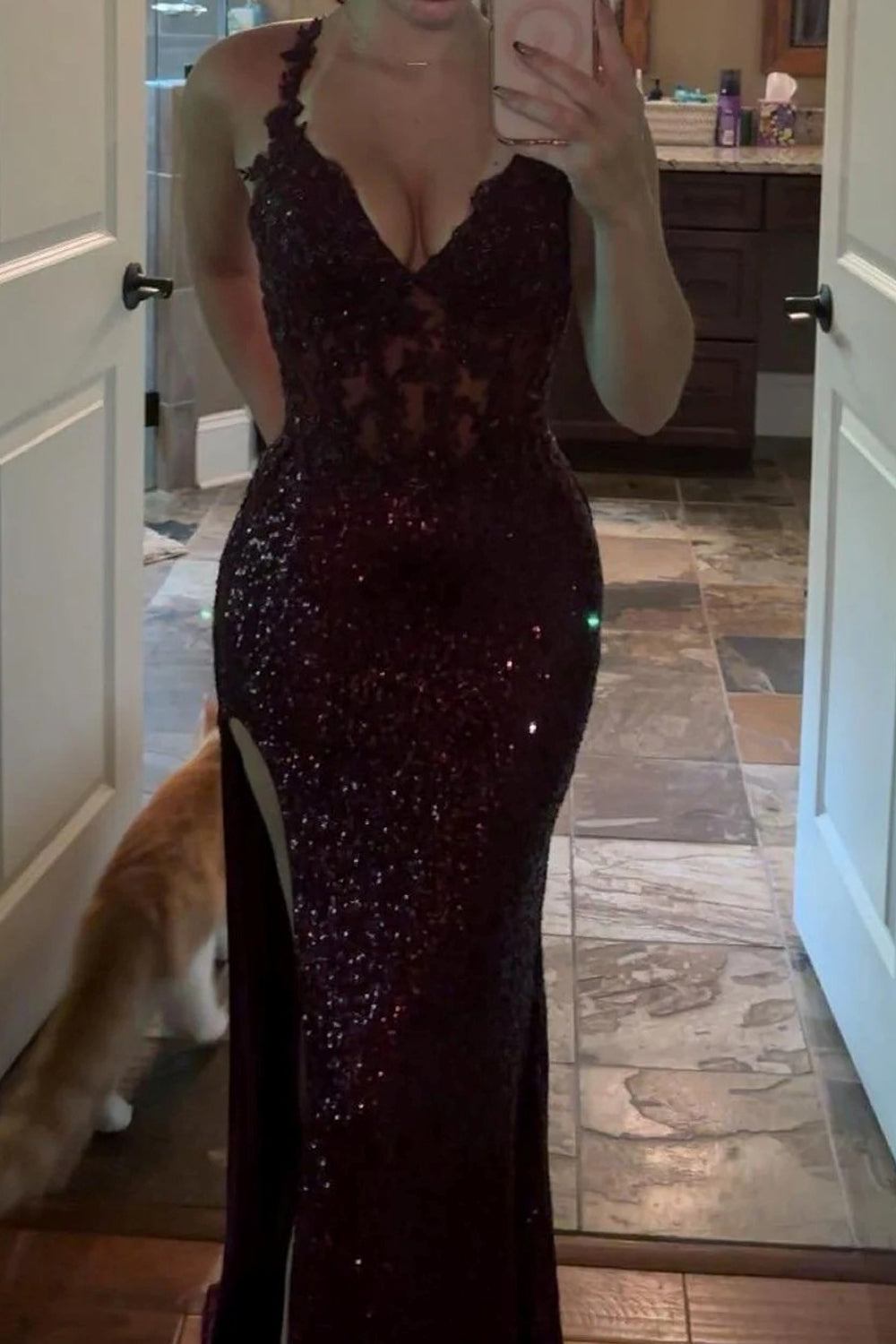 Grape Lace Applique Sequin Lace-Up Back Mermaid Shiny Prom Dresses, CP1087