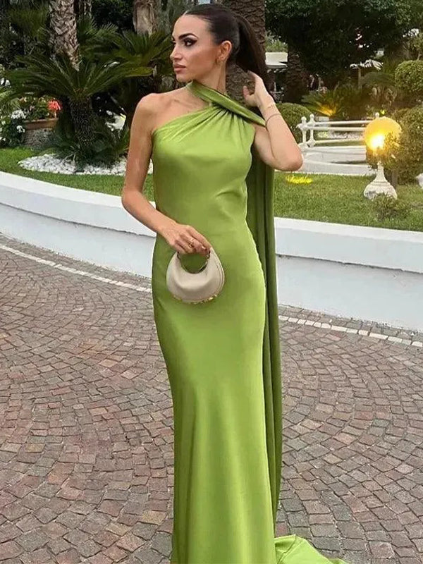 Green Elastic Satin Halter Shawl Mermaid Formal Dresses, CP1036