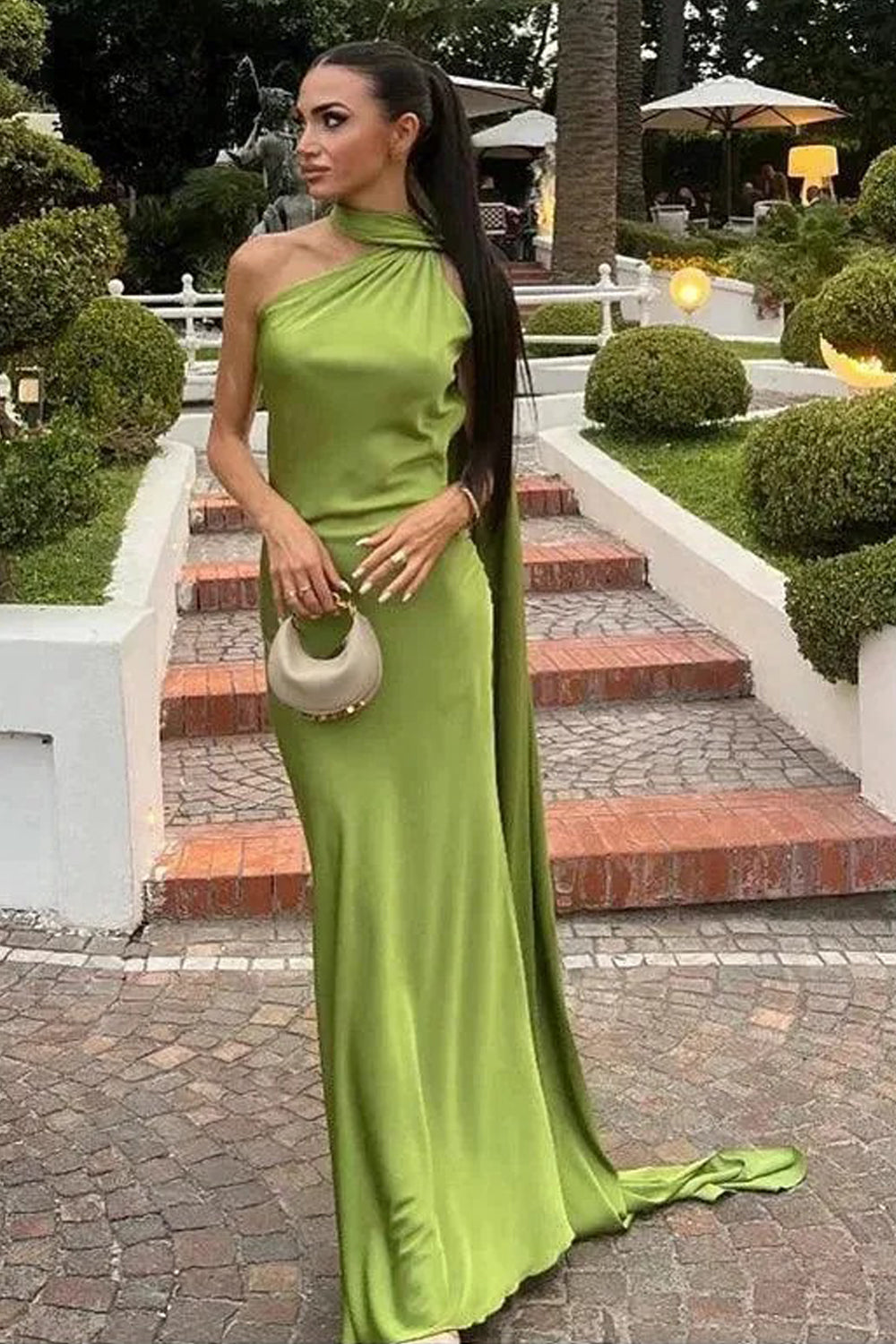 Green Elastic Satin Halter Shawl Mermaid Formal Dresses, CP1036