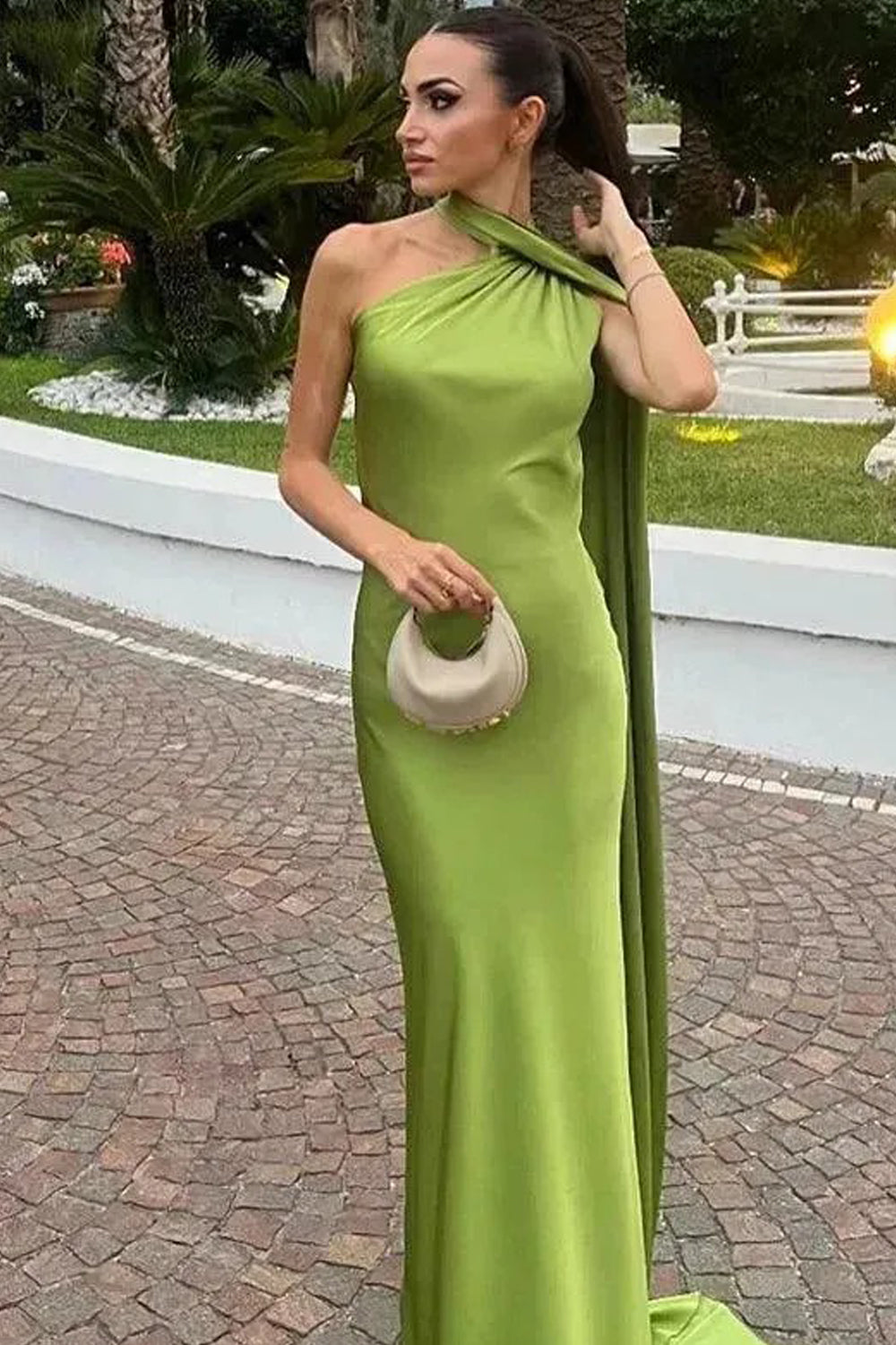 Green Elastic Satin Halter Shawl Mermaid Formal Dresses, CP1036