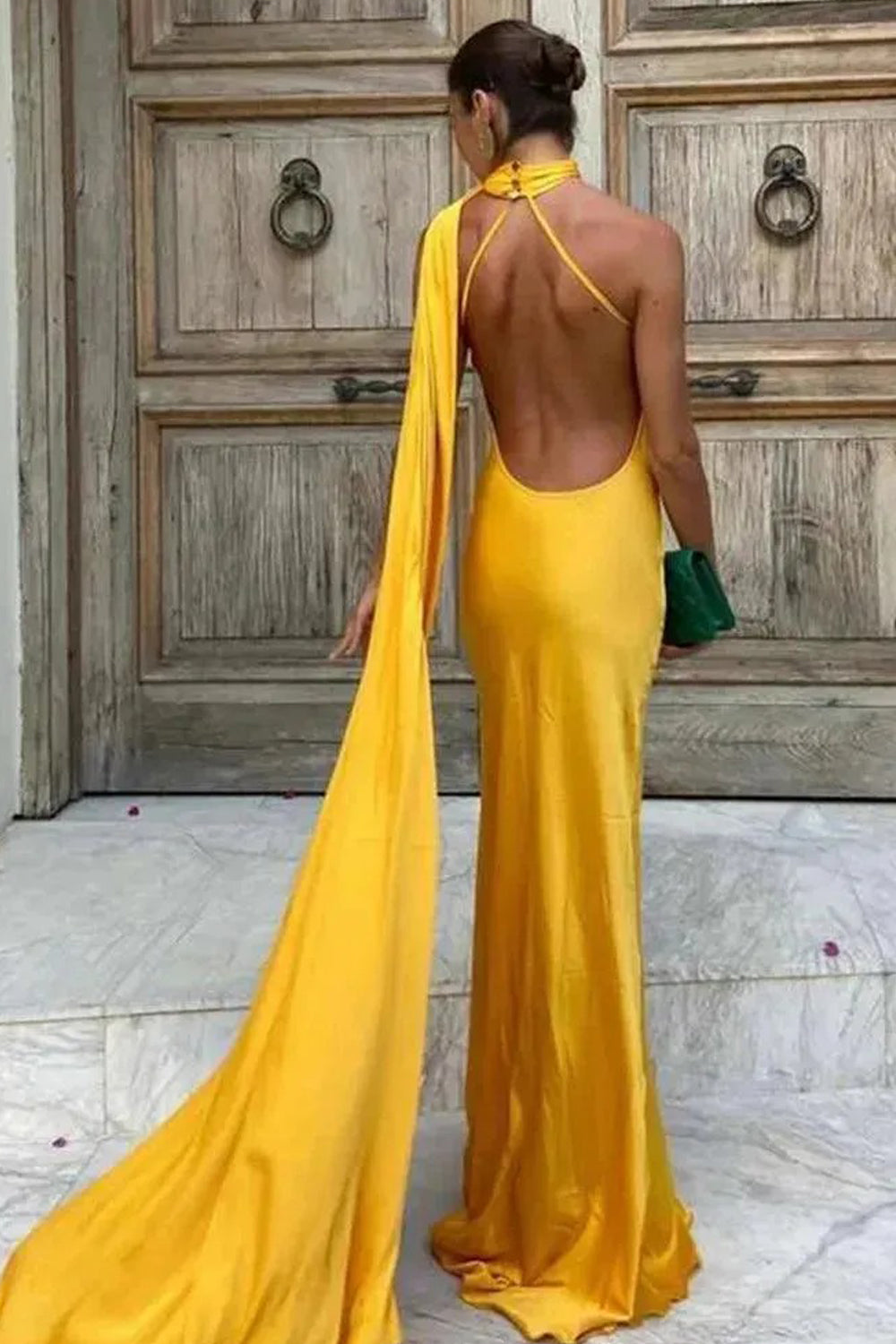 Green Elastic Satin Halter Shawl Mermaid Formal Dresses, CP1036