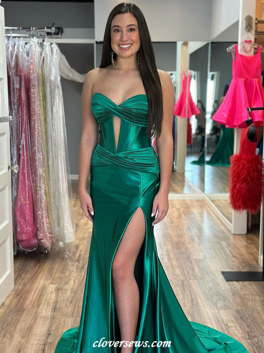 Green Elastic Satin Pleating Sweetheart Strapless Mermaid High Slit Modern Prom Dresses, CP1160