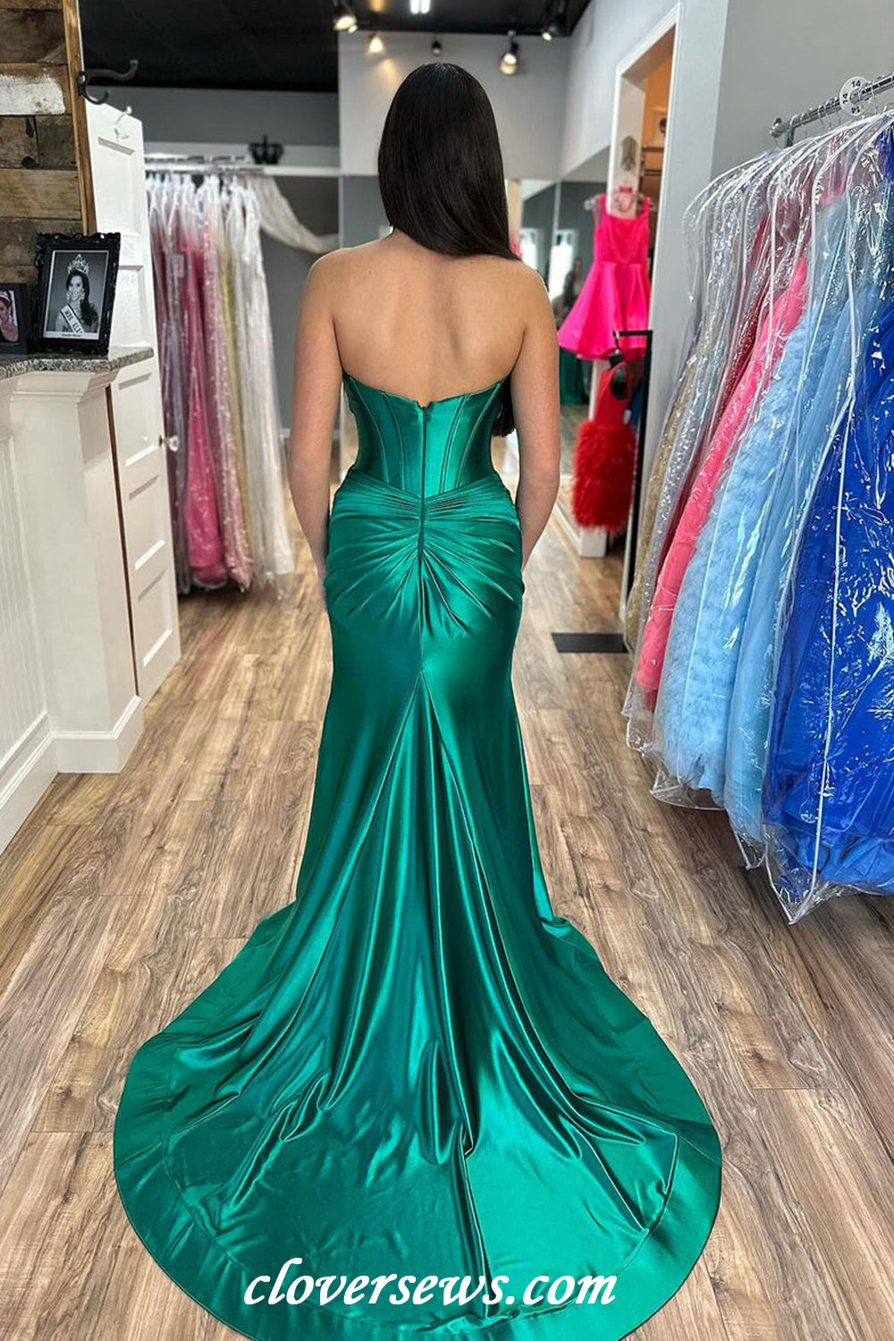 Green Elastic Satin Pleating Sweetheart Strapless Mermaid High Slit Modern Prom Dresses, CP1160