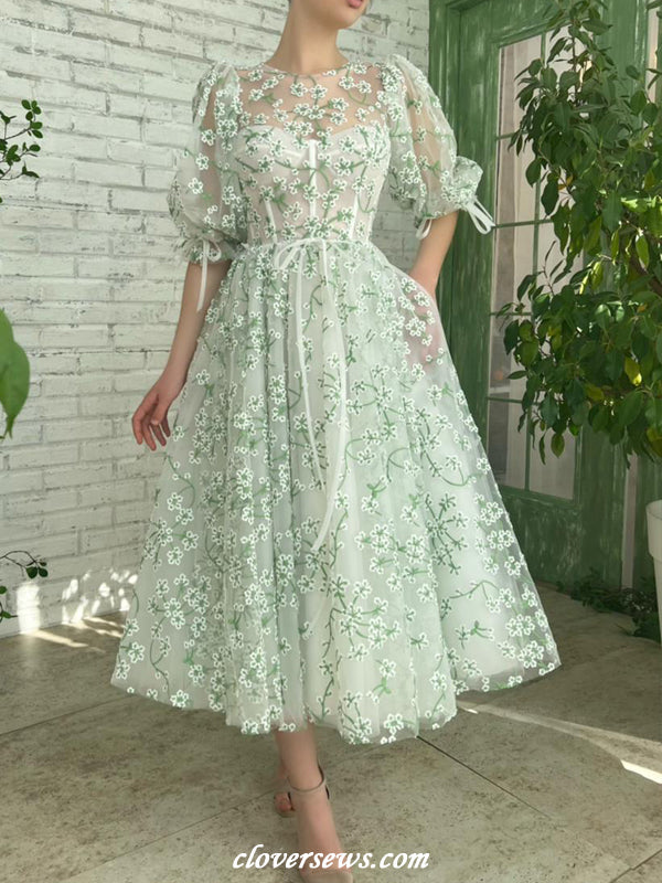 Green Embroidery Tulle Round Neck Half Sleeves Tea Length Spring Dresses,CP1139