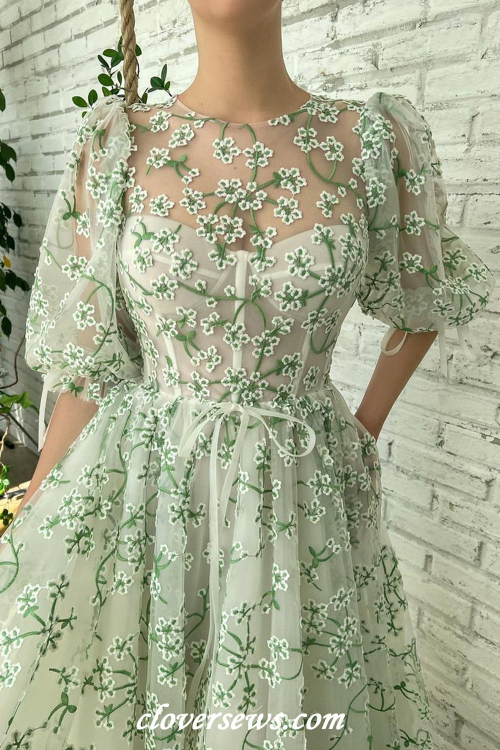 Green Embroidery Tulle Round Neck Half Sleeves Tea Length Spring Dresses,CP1139